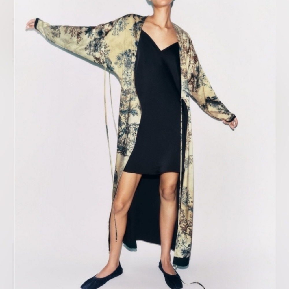 Zara Black Slip Dress with Beige & Black Scenic Print Duster